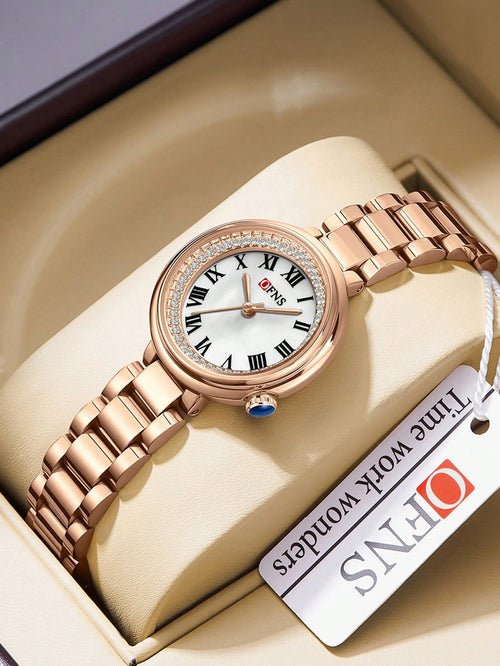 Shein - 1pc Ladies Rose Gold Watch With Original Diamond Dial, Fashionable And Elegant Women Quartz Watch, Stainless Steel Waterproof Women Wristwatch