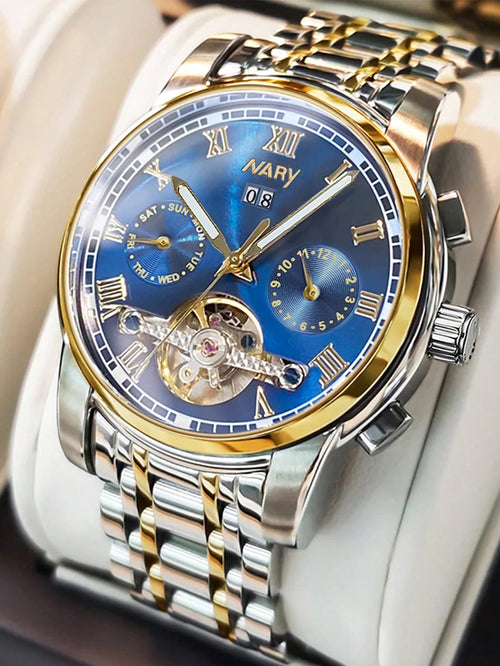 Shein - 1pc High-end Men Business Multifunctional Mechanical Watch, Automatic Hollow Waterproof Calendar Wristwatch For Business Meetings And Daily Use