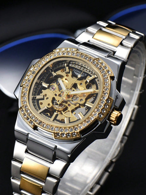 Shein - 1pc Men's Hollow Automatic Mechanical Waterproof Wristwatch With Butterfly Clasp Stainless Steel Strap