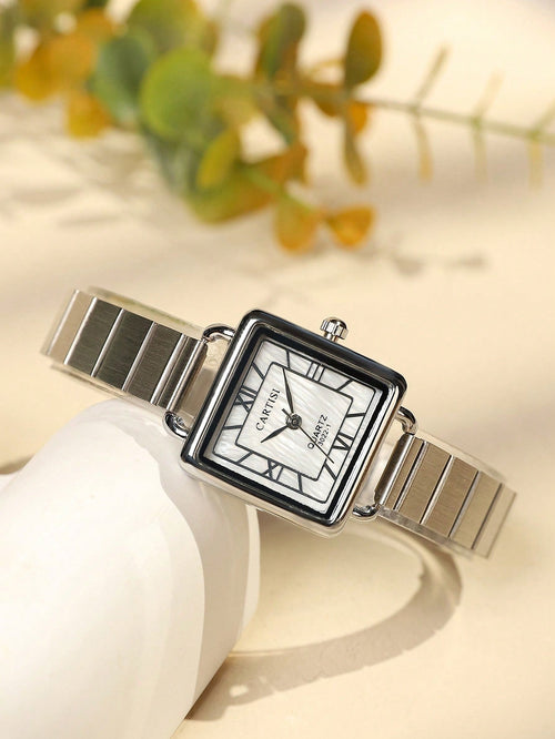 Shein - 1pc Square Concise Popular Fashion Watch With Mother Of Pearl Dial And Steel Band, Suitable For Daily Decoration