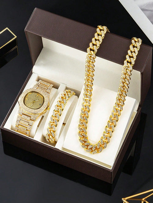 Shein - 4pcs Men's Gift Box Set With Rhinestone Gold Steel Strap, Gorgeous Trendy Personalized Bracelet, Quartz Watch Rhinestone Gold Necklace Set, Suitable For Daily Use And Gift Giving