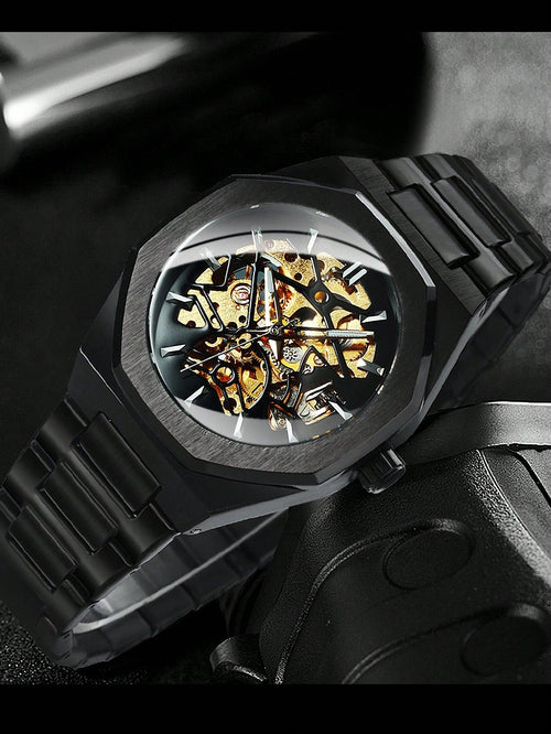 Shein - 1pc Men Black & Golden Irregular Hollow Dial Luxury Brand Stainless Steel Automatic Mechanical Watch With Luminous Hands, Business/casual Classic Wristwatch With Watch Box, Gift