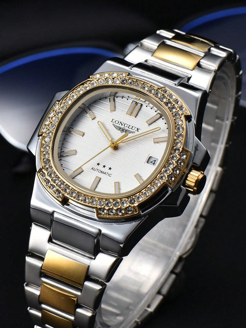 Shein - Men's Automatic Mechanical Watch With Calendar, Stainless Steel Strap And Butterfly Buckle, Waterproof And Studded Luxury Watch - Multicolor