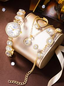 Shein - Ladies Watch 1pc Women Luxury Diamond-studded Digital Dial Quartz Watch And 5pcs-set Necklace Earings Bracelet Rings Jewelry Set