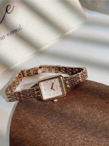 Shein - 1pc Vintage Luxury Small Dial Square Bracelet Watch, Women's Coffee Brown Fashionable High-value Thin Strap Chain Style Watch
