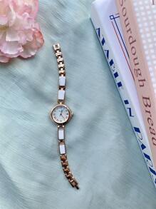 Shein - 1pc Round Dial Women's Quartz Watch With Roman Numerals,drop Oil, White Bracelet Strap, Suitable For Daily Wear