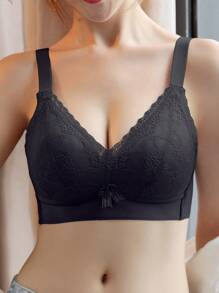 Shein - Women's Sexy Black Lace Push-up Bra, Breathable & Wire-free Lingerie