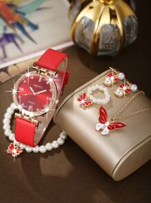 Shein - 5pcs Girls' Watch Set With Elegant Rhinestone Decor Quartz Watch, Analog Pu Leather Wristband, Butterfly Jewelry Set