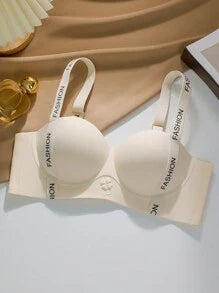 Shein - Women Seamless Non-wired Half-covered Letter Shoulder Strap Bra To Gather And Collect Side Breasts Sports