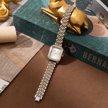 Shein - New Arrival Women's Vintage Style Small Square Dial Rhinestone-set Design Steel Strap Luxury Watch