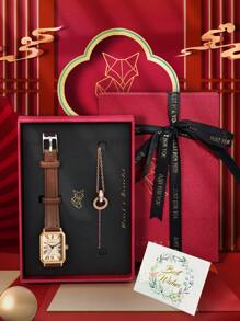 Shein - Luckyfox Simple & Vintage Zinc Alloy Quartz Square Dial Leather Strap Wristwatch, Gift Boxed With A Matching Bracelet