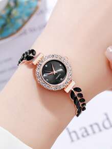 Shein - Luckyfox Dry Battery Ladies' Wristwatch, High-end Fashionable Elegant Green Leaf Strap Diamond-studded Circular Watch.