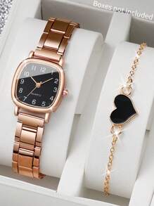 Shein - 2pcs/set Ladies' Steel Strap Square Fashionable Minimalist Small Dial Quartz Watch + Bracelet Holiday