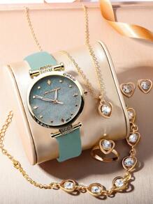 Shein - 6pcs/set Simple Gradient Green Leather Watch And Rhinestone Jewelry Set
