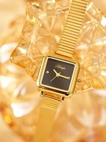 Shein - 1pc Ladies' Stainless Steel Watch Band Artistic Dial Waterproof Quartz Watch