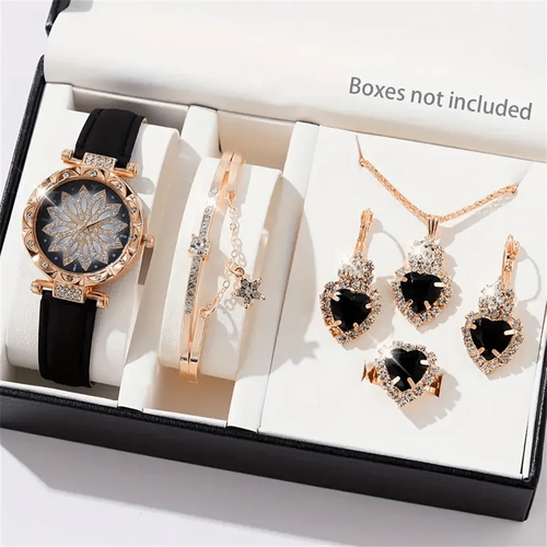 Shein - 6pcs/set Women's Elegant Flower Rhinestone Quartz Watch, Simulated Pu Leather Wristwatch And Crystal Jewelry Set