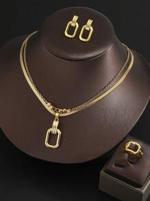 Shein - 4 Pieces Of Trendy High-quality Stainless Steel Necklace + Earrings + Ring 3 Set