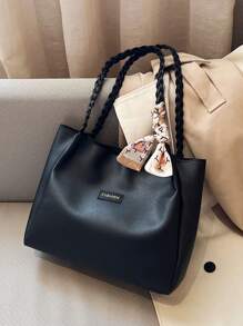 Shein - Women's Versatile Solid Color Handbag, Malist Pu Leather Large Capacity Shoulder Bag With Silk Scarf