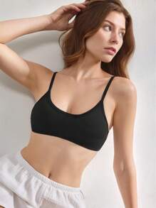 Shein - Leisure Extremely Stretchy Seamless & Skin-friendly No Padding Comfortable Solid Rib Bra Black