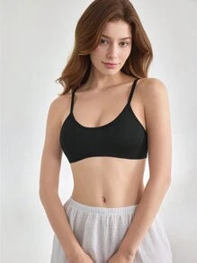 Shein - Leisure Extremely Stretchy Seamless & Skin-friendly No Padding Comfortable Solid Rib Bra Black