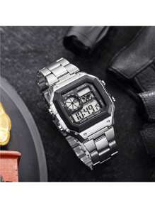 Shein - Men's Sports Digital Watch, Casual Stainless Steel Strap, Led Illuminated Movement, 2pcs/set