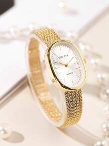 Shein - Vintage Oval-shaped Watch With Exquisite Small Dial And Wheat Strap