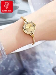 Shein - Luckyfox Dry Battery Ladies' Wrist Watch, Fashionable & Elegant With Diamond Inlaid, Slim Chain Quartz Watch