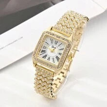 Shein - 1pc High-end Fashionable Roman Dial Rhinestone Bracelet Watch Gold