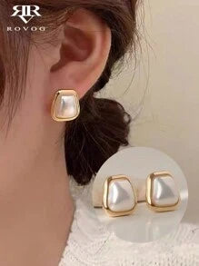 Shein - 1pair French Geometry, Fashionable, Simple, Sweet, Women's Faux Pearl Copper Earrings