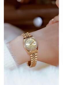 Shein - 1pc Women's Gold Stainless Steel Strap Quartz Watch With Calendar Function, 3atm Water Resistant, Simple Business Style