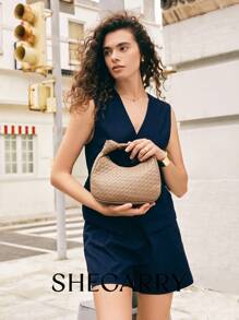 Shein - Shecarry Women Top Handle Bags Pu Leather For Business/commute/work/office Casual Old Money Style Quiet Luxury Chic Knitting Handbag Woven Bag For Teacher Nurse Stylish