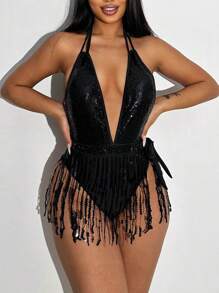 Shein - Solid Color Two-piece Sexy Lingerie Deep V Sequin Fringe Jumpsuit Woman