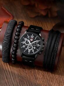 Shein - 1pc Men's Casual Quartz Watch With Pu Strap And 3pcs Bracelet Set