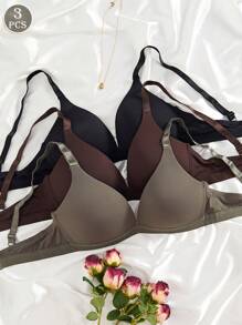 Shein - 3pcs V-style Lady's Comfortable Wireless Soft Cup Solid Bra