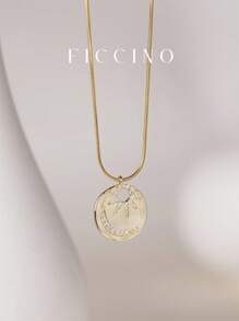 Shein - Ficcino Vintage Coin Hollow Sun Moon Cubic Zirconia Plated Gold Titanium Steel Pendant Necklace