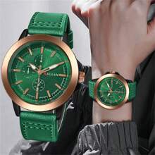 Shein - 1pc Men's Fashion Business Sunray Dial Three Sub-dials Leather Strap Quartz Wristwatch