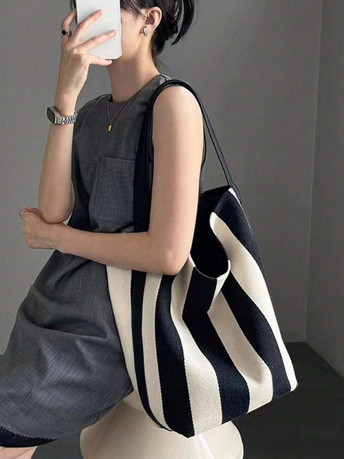 Shein - Spring/summer New Arrival Niche Striped Canvas Bag, Black & White Contrast Color Women's Bag