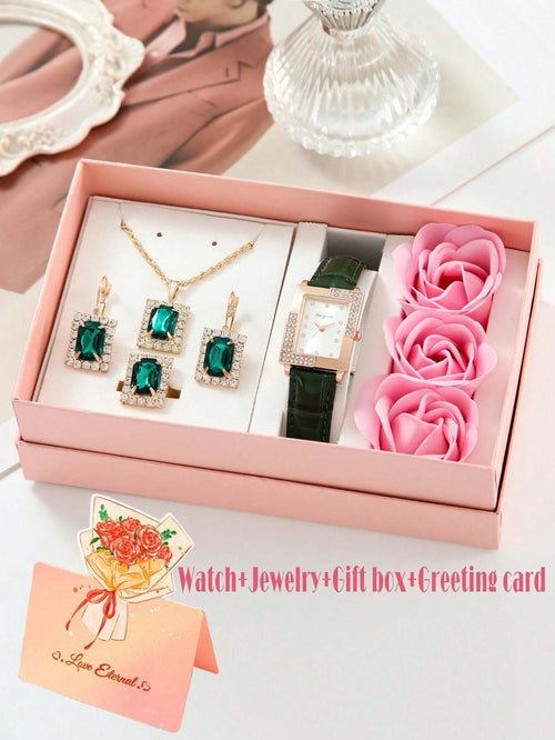 Shein - 6pcs/set Includes A Green Fashionable And Elegant Square Diamond Inlaid Watch Case And A Beautiful Pink Gift Box Containing Pink Flowers, And A Rose Greeting Card