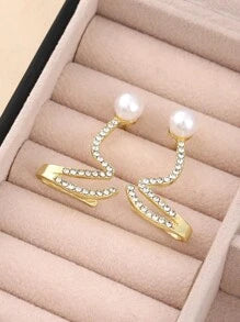 Shein - 1pair Elegant And Simple Wave-shaped Faux Pearl And Rhinestone Ear Studs Suitable