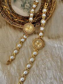 Shein - 1pc Gold French Fashion Elegant Women Water-resistant 30m Quartz Watch, With Pearl Strap, Bohemian Vintage Court Style Circular Quartz Wristwatch For Women,