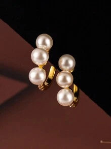Shein - 2pcs Popular 925 Silver 18k Gold Plated Half Circle C-shaped Seashell Faux Pearl Stud Earrings