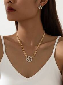Shein - 2pcs Hip-hop Style Gold Pattern Full Diamond Chunky Chain Necklace Set