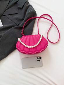 Shein - 1pc Stitched Pearl Chain Pu Portable Fashion Flip Handbag