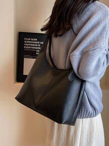 Shein - 2pcs/set Parent-child Black Pu Leather Litchi Pattern Large Capacity Simple Casual Shoulder Bag