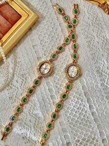 Shein - 1pc New Arrival High-end Colorful Tourmaline Gemstone & Zirconia Inlaid Luxury Vintage Elegant Fashion Women's Watch