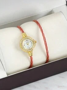 Shein - Exquisite Ancient-style Gold Bangle Set, Quartz Watch & Simple Artistic Style Bracelet