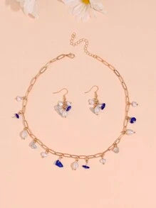 Shein - 1pair Earrings + 1pc Necklace, French Retro-style Irregular Stone & Faux Pearl Pendant Earrings And Necklace Set