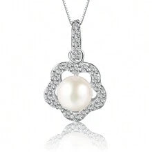 Shein - 1pc Elegant And Classy 925 Sterling Silver Full Diamond & Cubic Zirconia Flower Pendant White Pearl Collarbone Necklace