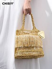 Shein - Chisiy Original Handmade Atlanta Sequin Lace Hollow Out Gold-color Contrast Bucket Bag