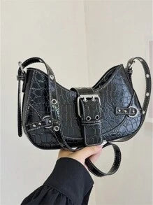 Shein - Vintage Solid Color Crocodile Pattern Pu Leather Shoulder Bag